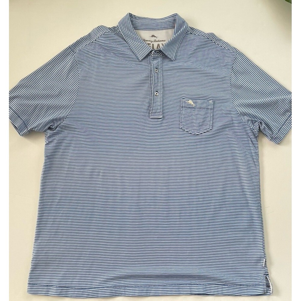 Tommy Bahama Relax Polo Shirt Men XLShort Sleeve Blue White Stripes Cotton